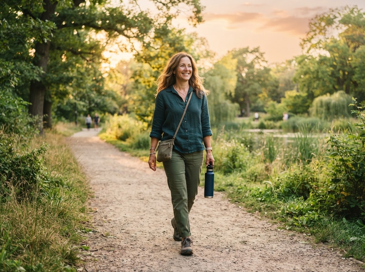 A woman walking outdoors on a sunlit path, representing an active and sustainable lifestyle