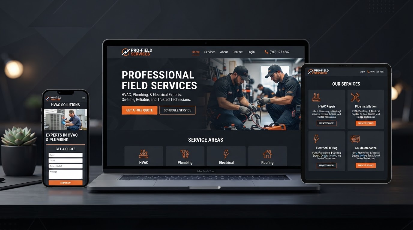 Field Service Tech Website Preview across Laptop, Tablet and Phone