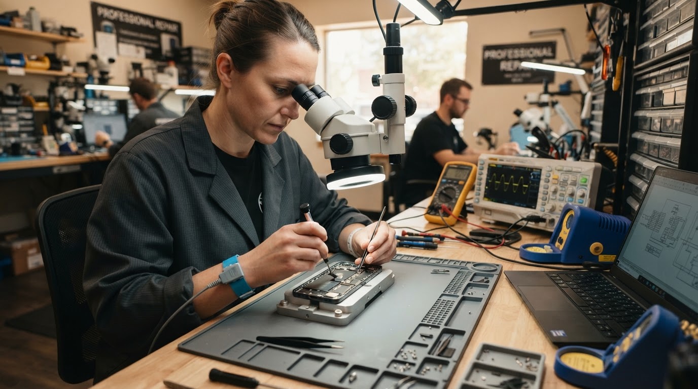 Certified repair technician assembling phone motherboard at TechPoint LLC