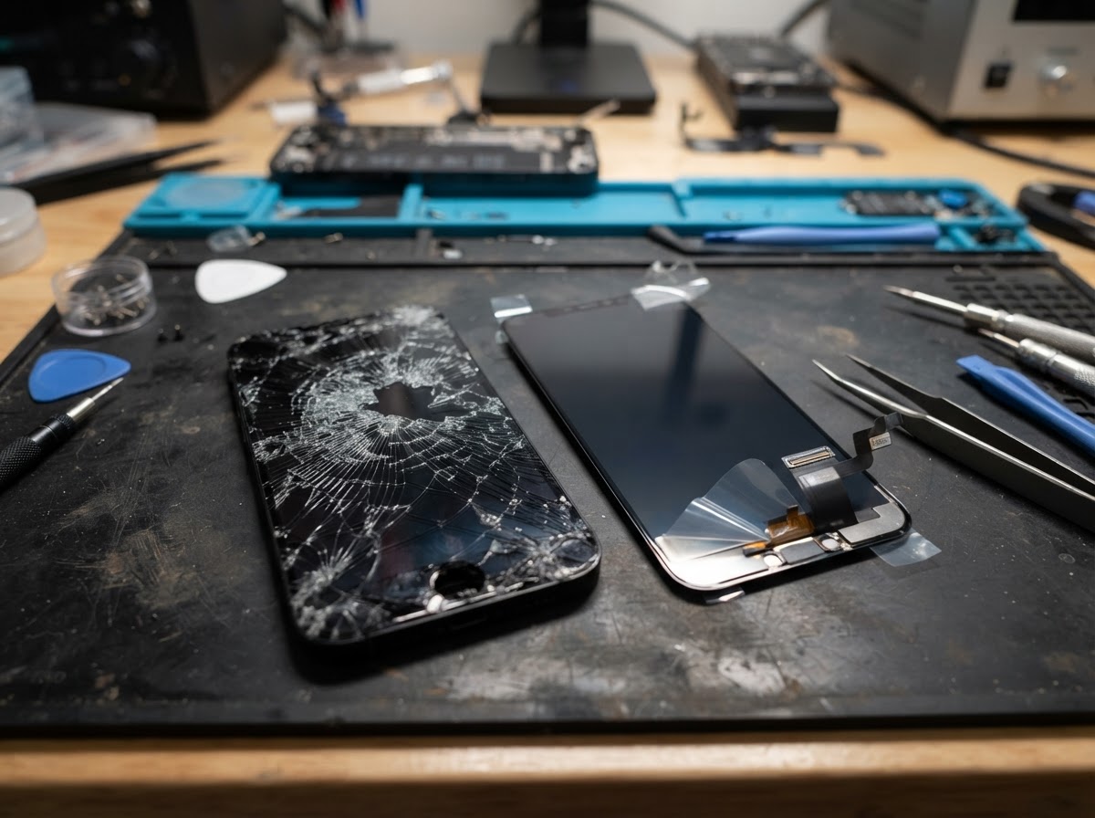 Precision cracked screen replacement on phone repair workbench in Casper, WY