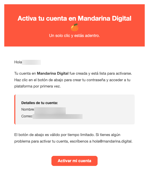 Correo de Mandarina para activar una cuenta nueva