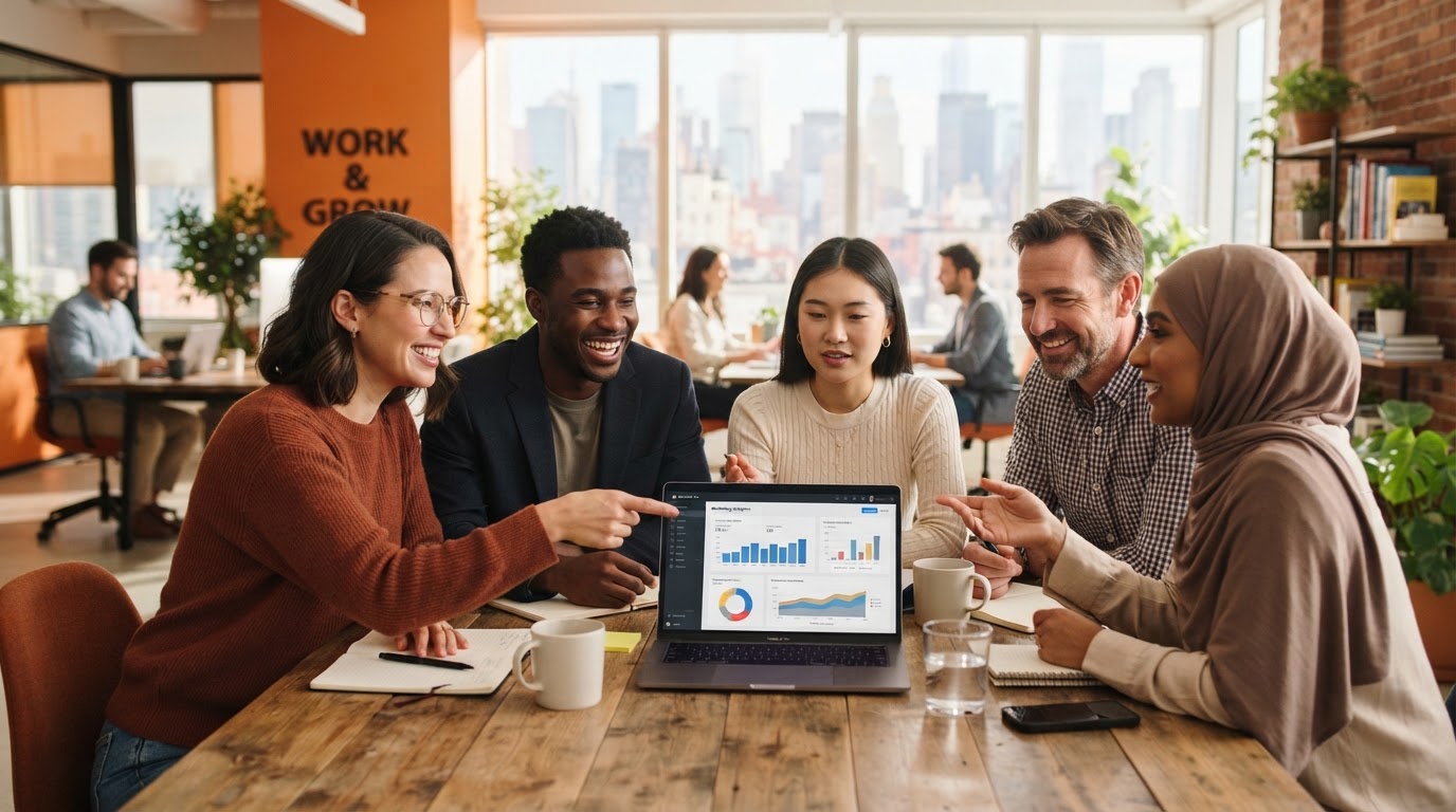 Equipo de marketing trabajando junto y sonriendo