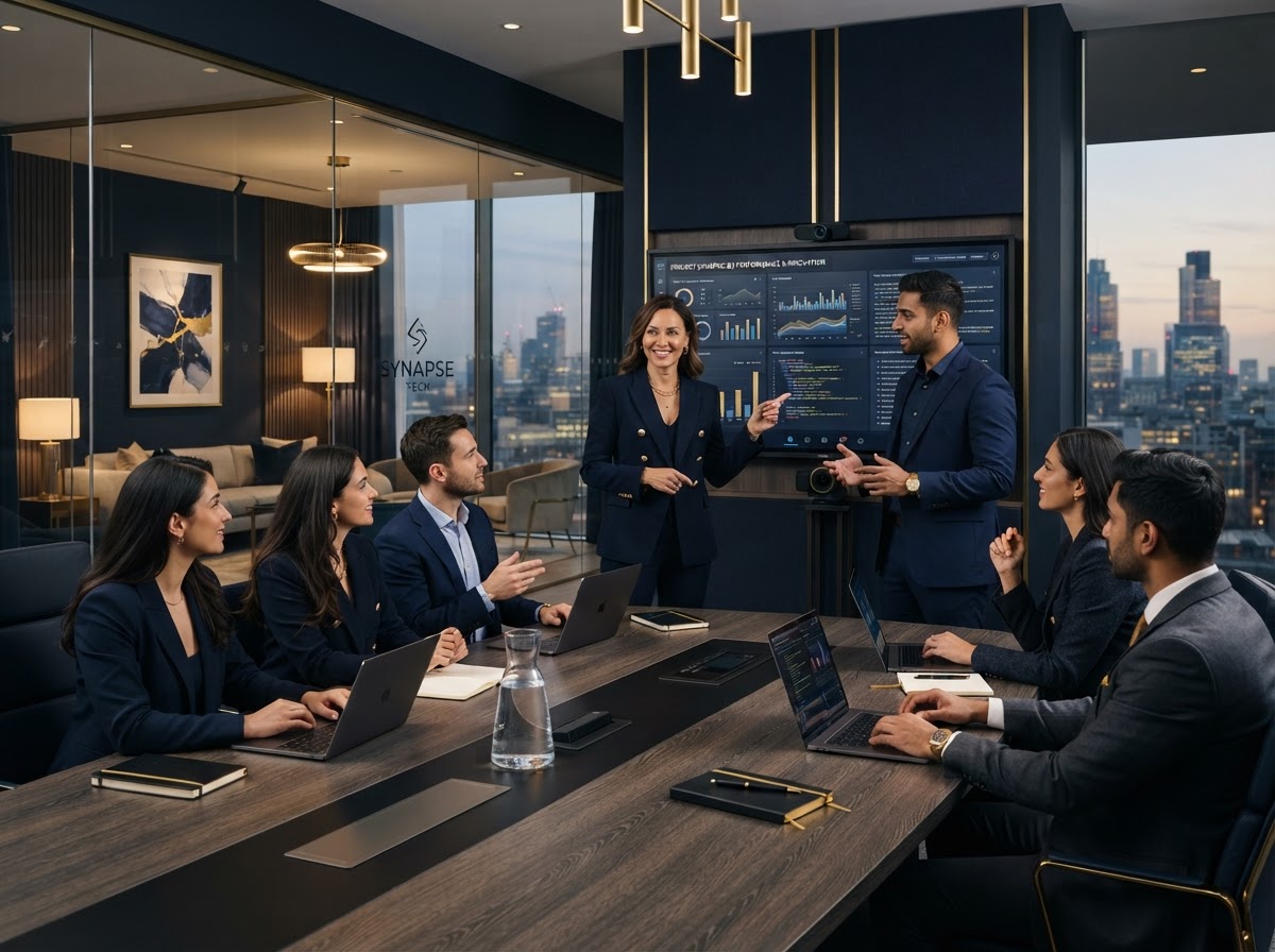 Funnel Crafter team of technology specialists in a modern office