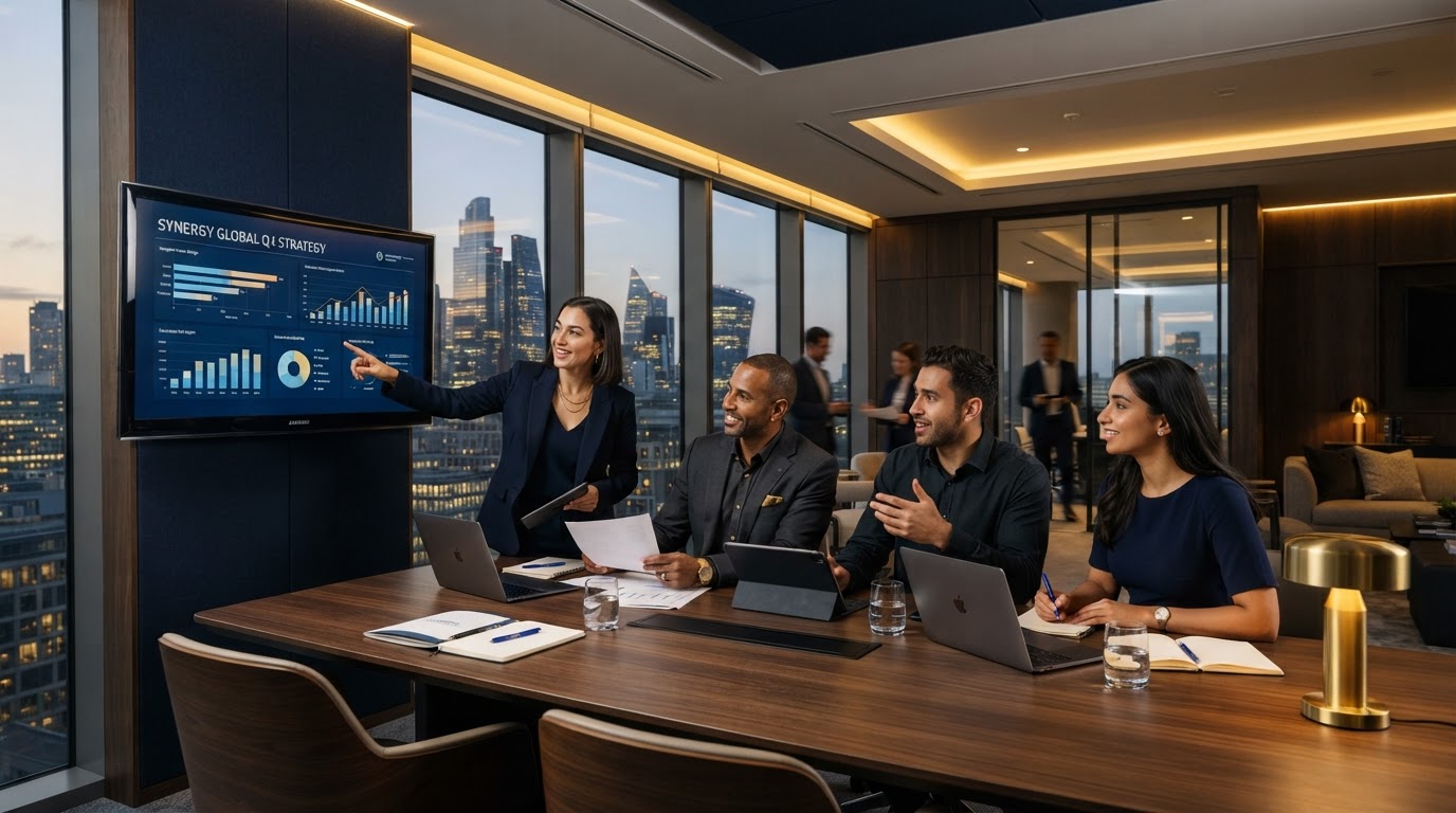 Premium modern business environment with professionals collaborating