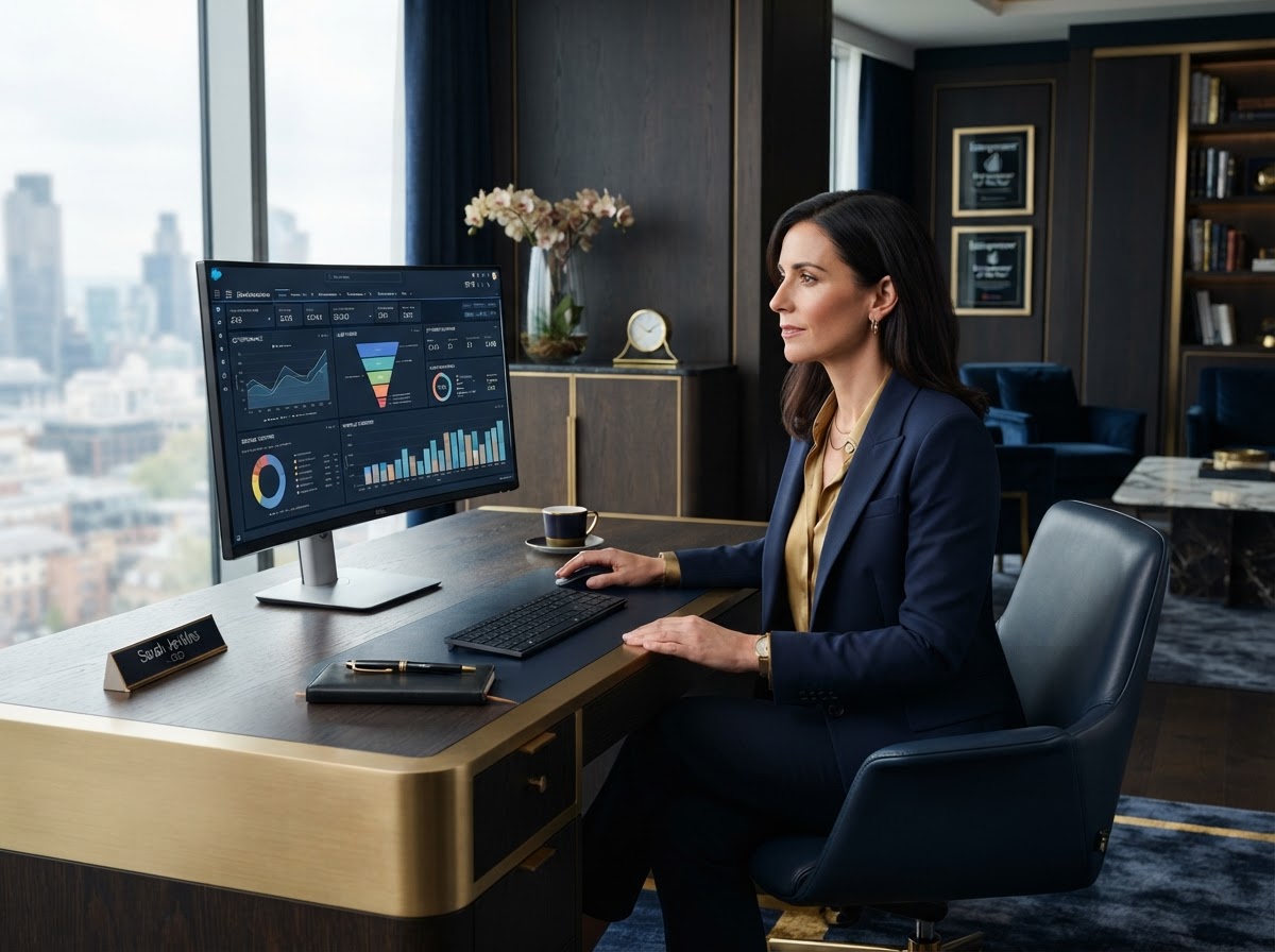 Business owner managing manual follow-up in a modern office