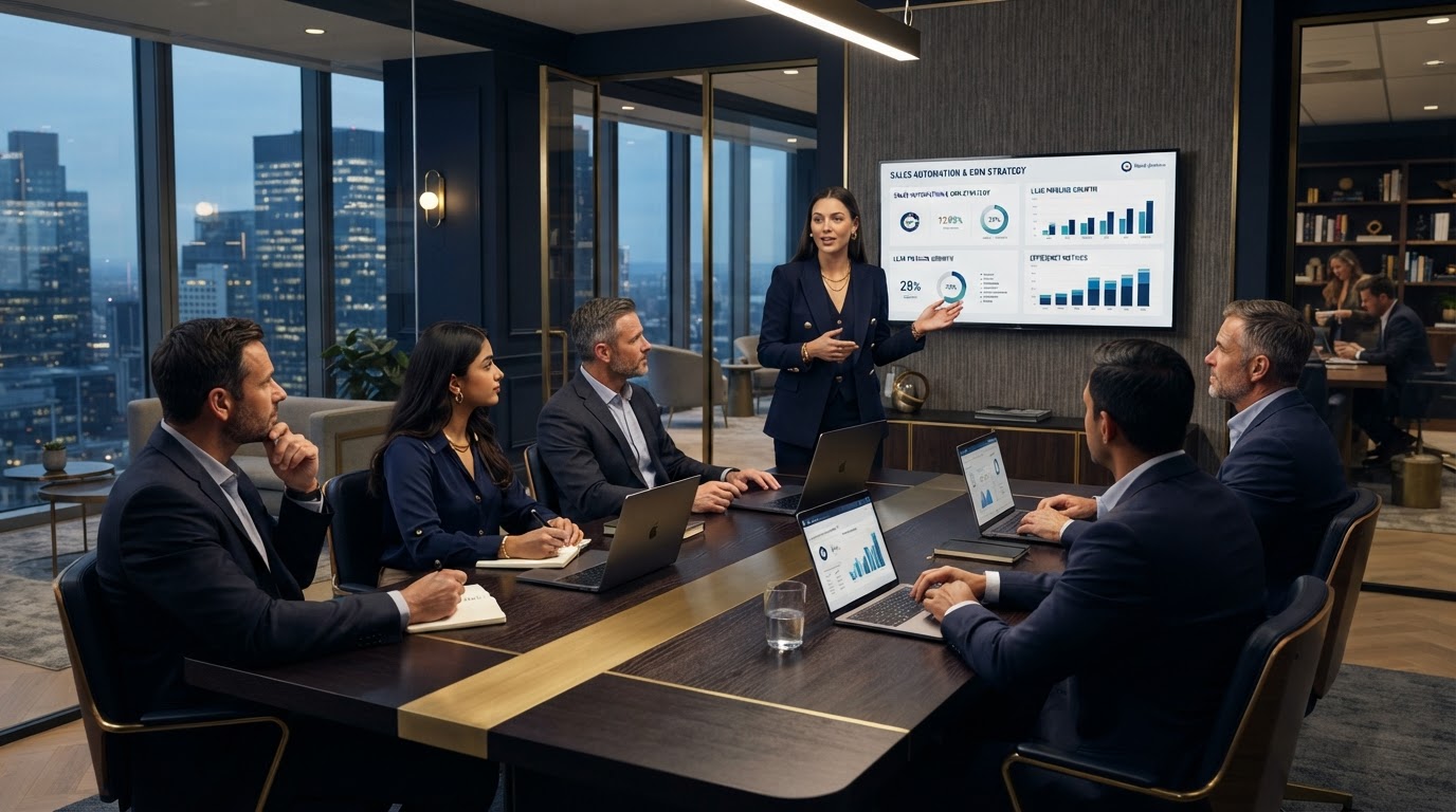 Professional business team discussing funnels and conversion strategy