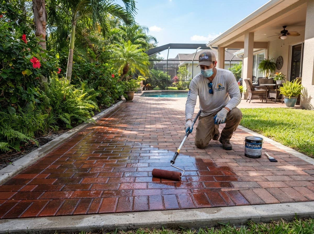 Paver sealing on a residential backyard patio in Florida