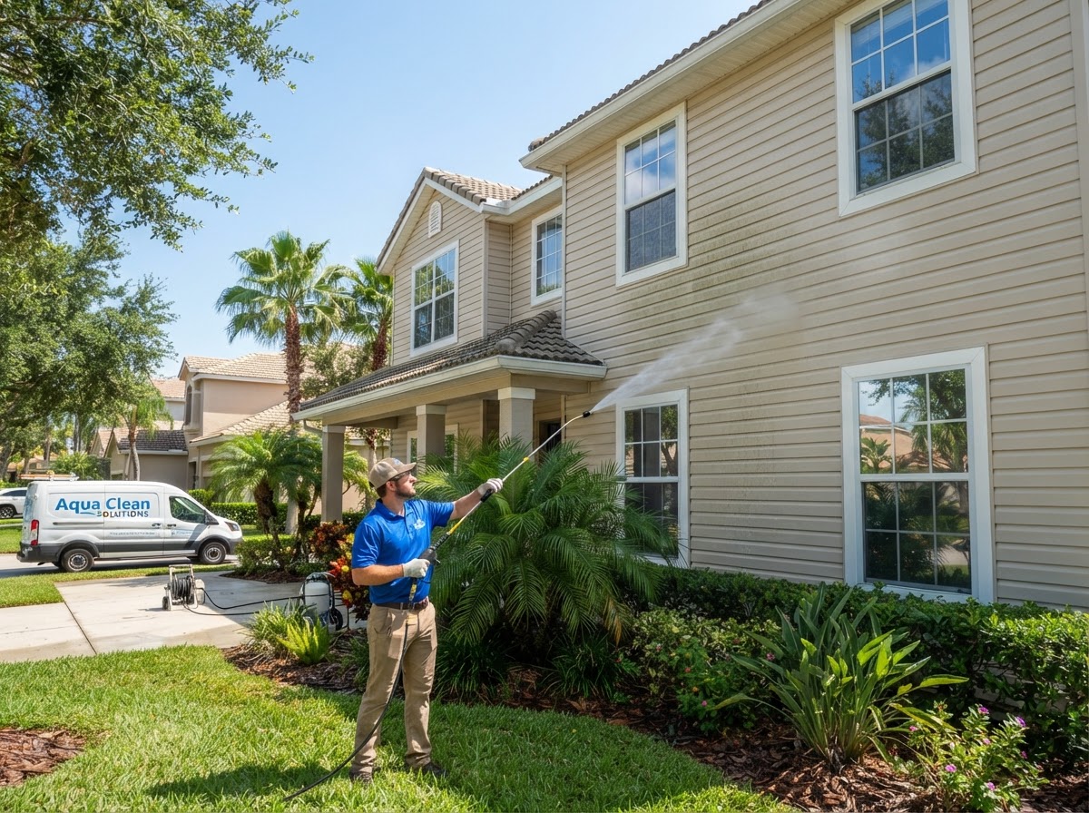 Soft wash house washing on a suburban Florida home