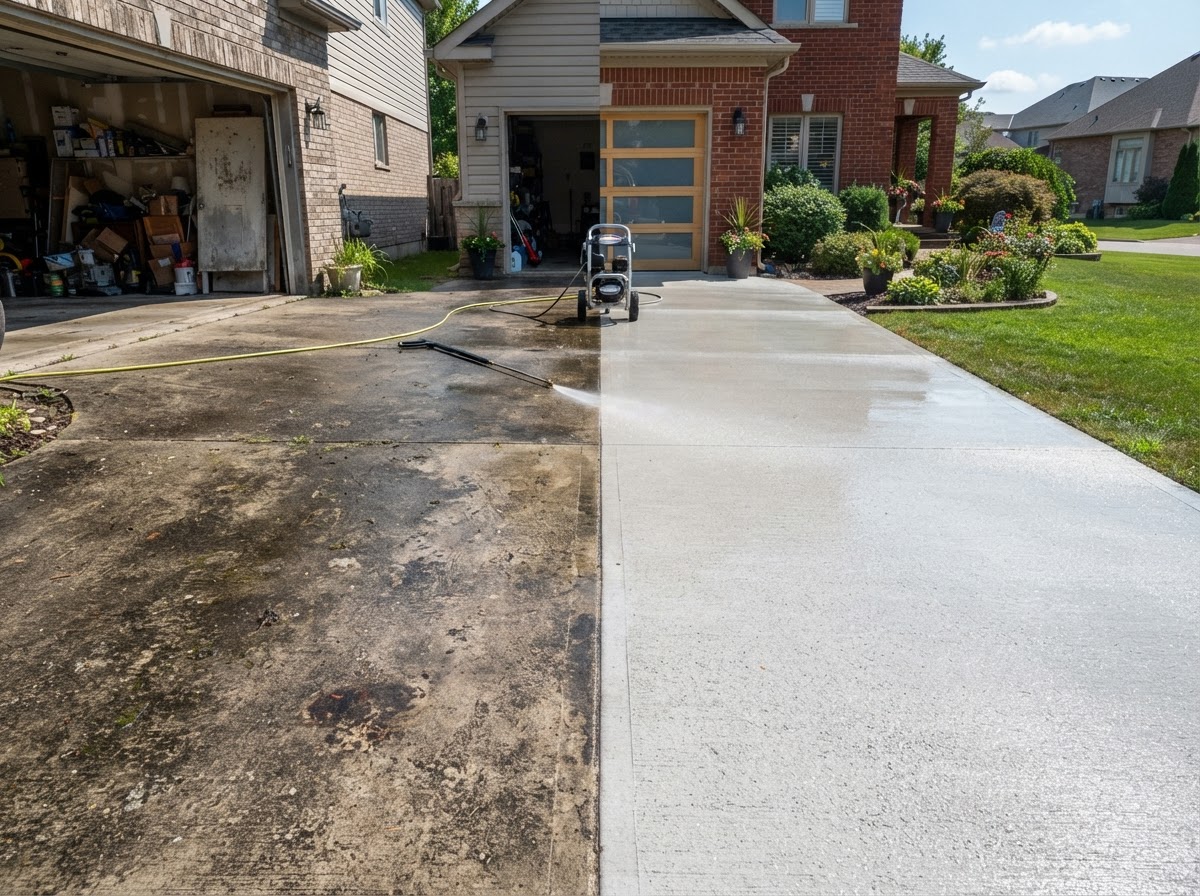 Before and after pressure washing a residential driveway
