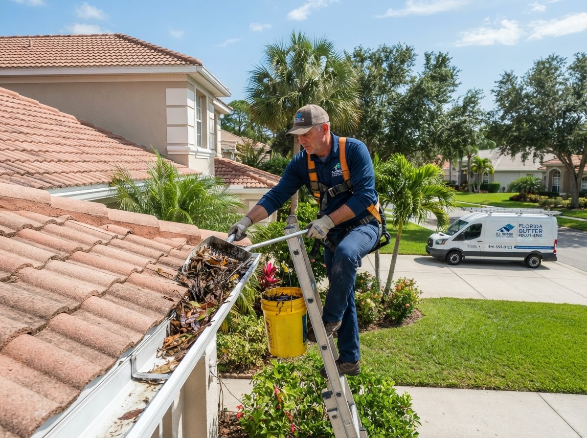 Gutter cleaning service clearing leaves from a Florida home