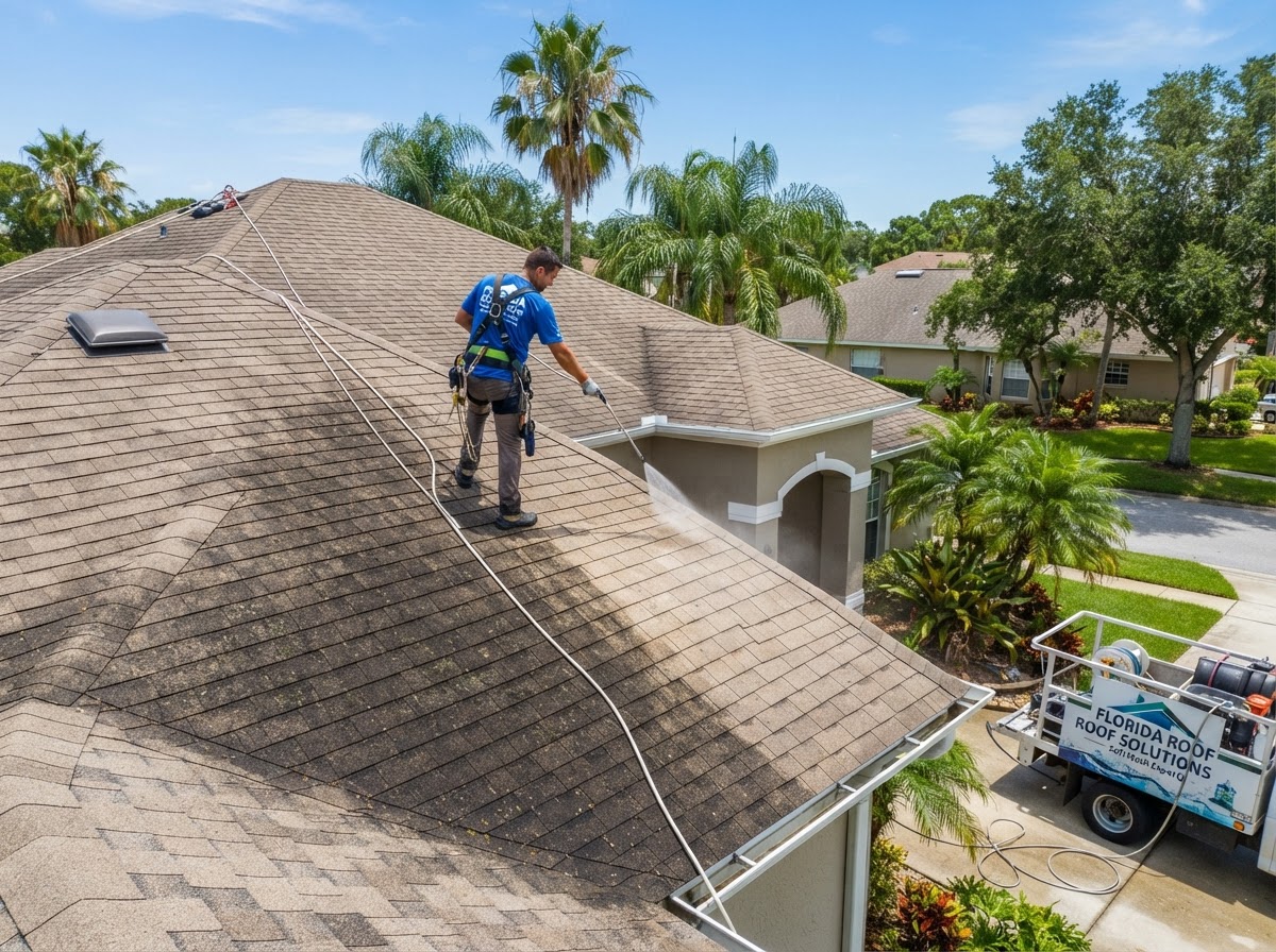 Low-pressure roof cleaning on a Florida residential roof