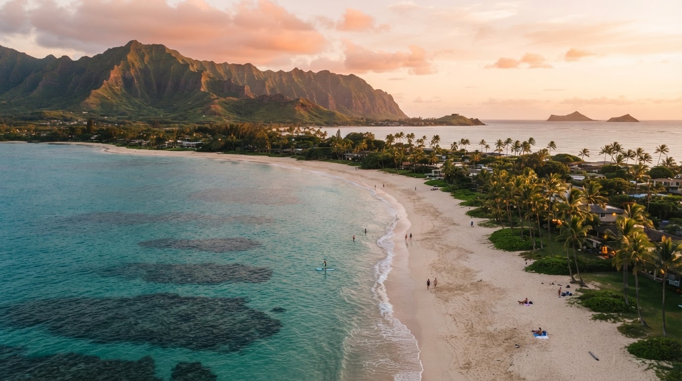 Aerial view of Kailua Beach at golden hour on the Windward Side of Oʻahu