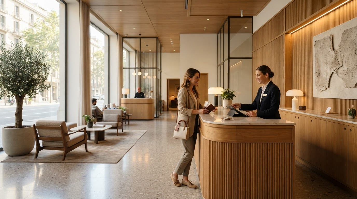 Modern European hotel reception with guest-service employee assisting a guest