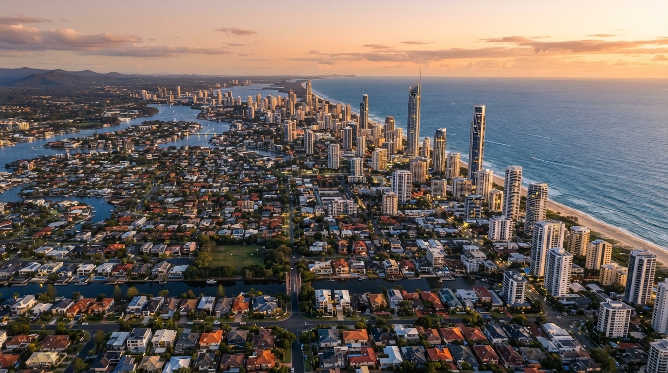 Gold Coast skyline with commercial and residential rooftops