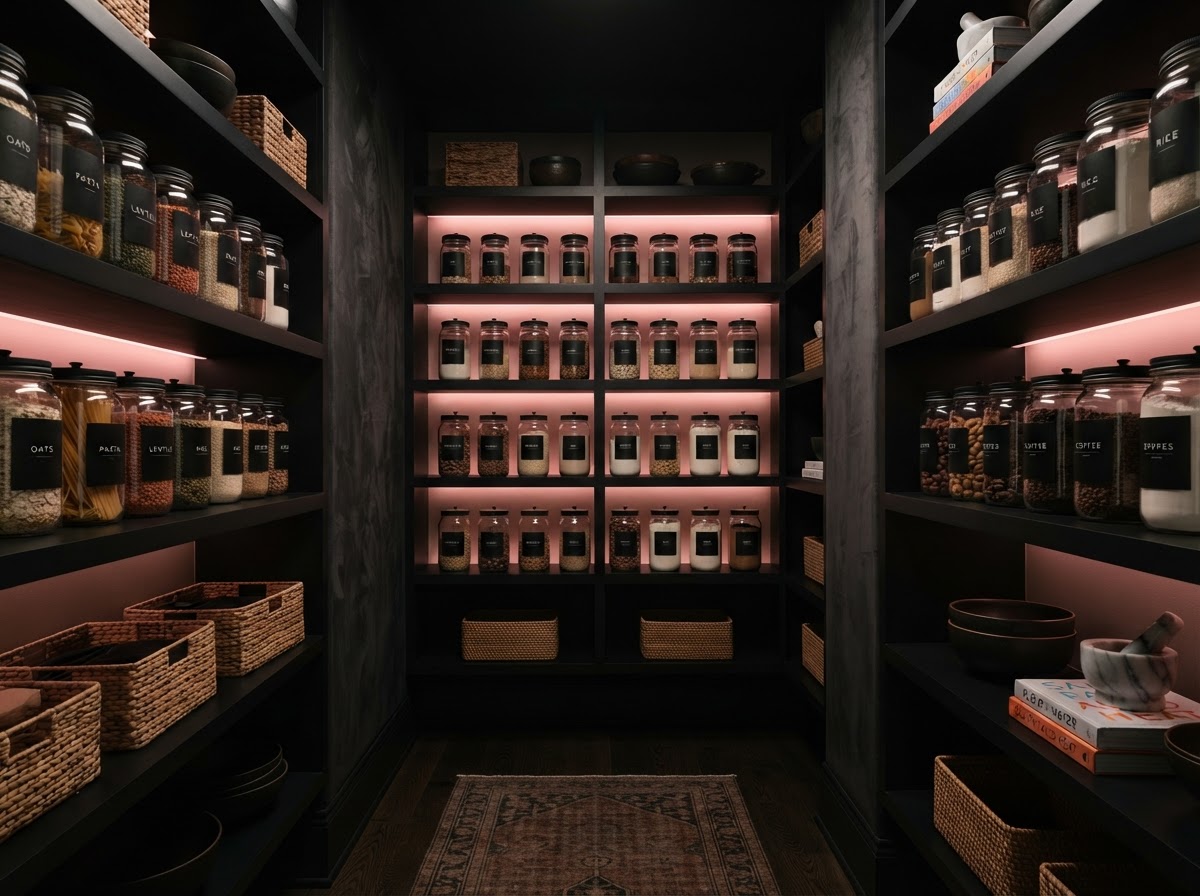 A serene organized pantry with matte black shelving and labeled glass jars