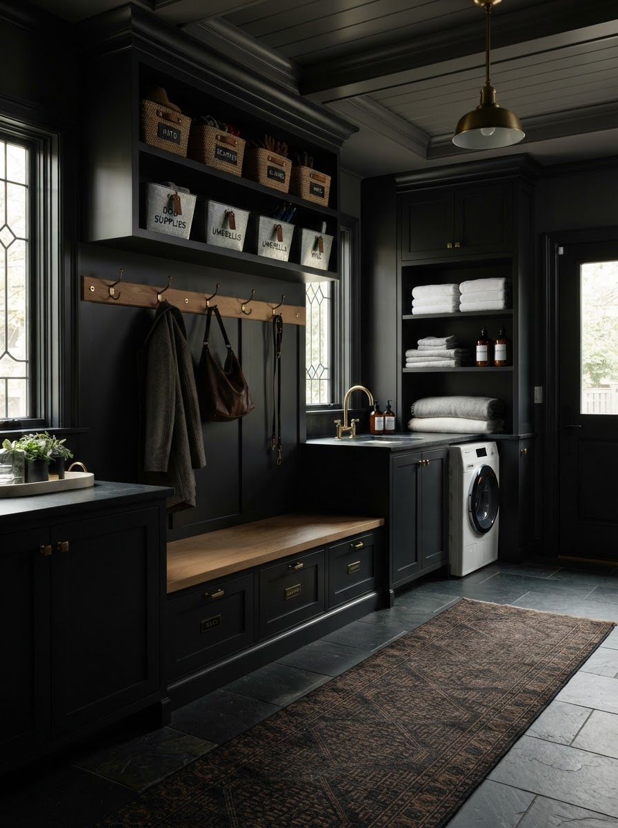 A chic organized mudroom with labeled bins, a linen station, and a brass peg rail