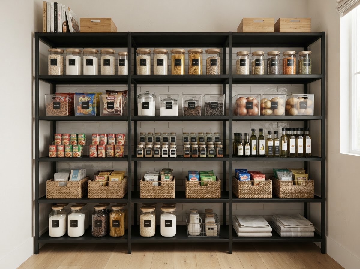 Pantry transformation: cluttered before, serene and labeled after