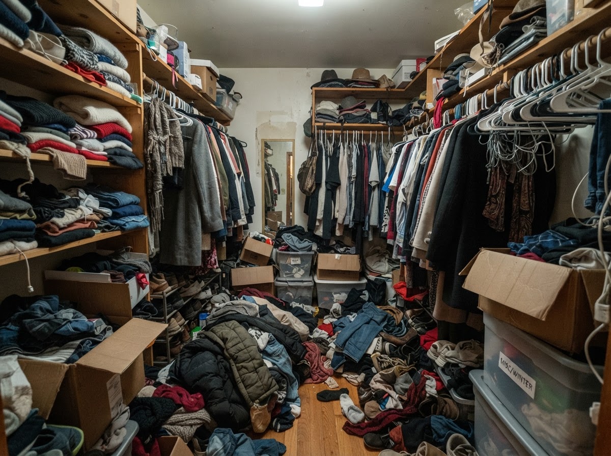 Before: Walk-in closet transformation: cluttered before, chic and organized after