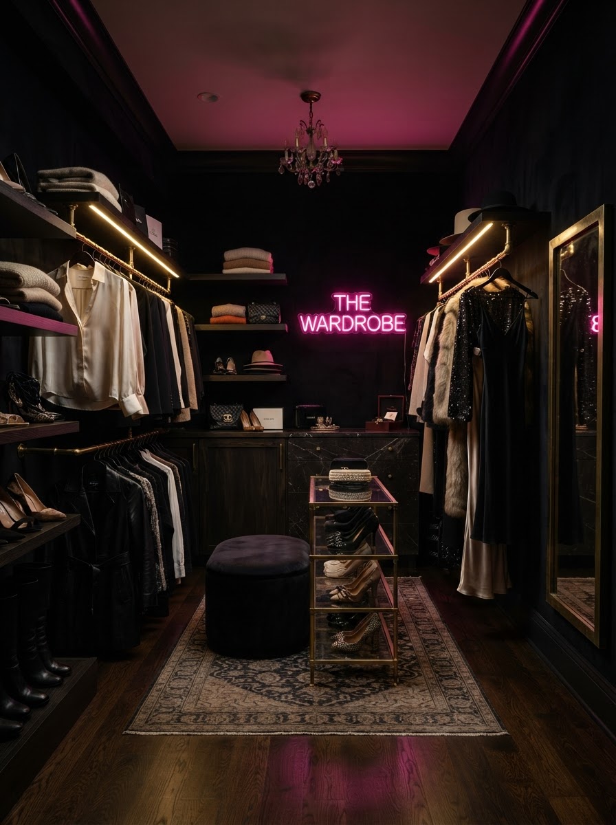 A chic, organized walk-in closet with brass rails and velvet-black walls