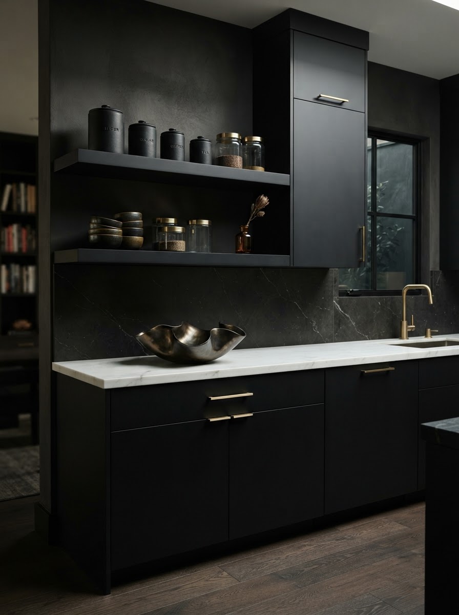 A chic organized matte-black kitchen with brass hardware and styled open shelves