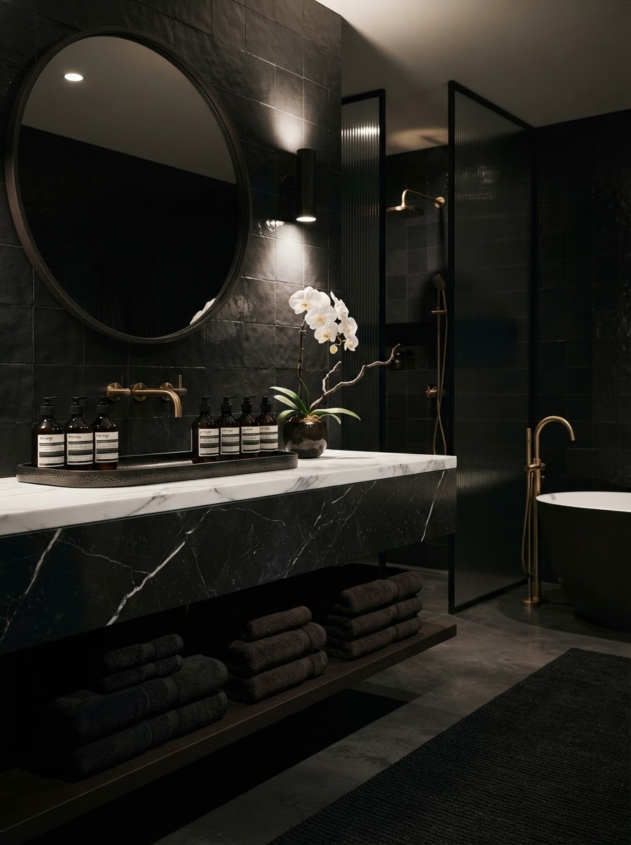A serene organized noir bathroom with neatly folded dark towels and a single orchid