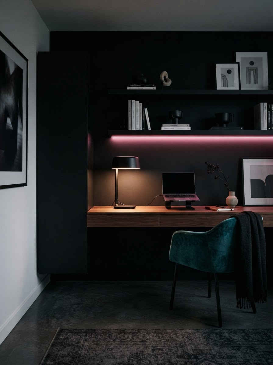 A minimalist organized home office with floating shelves and a teal chair