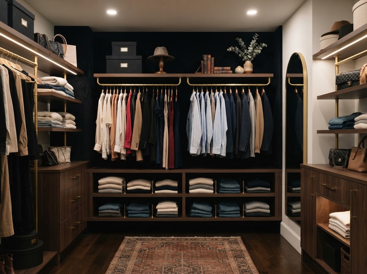 Walk-in closet transformation: cluttered before, chic and organized after