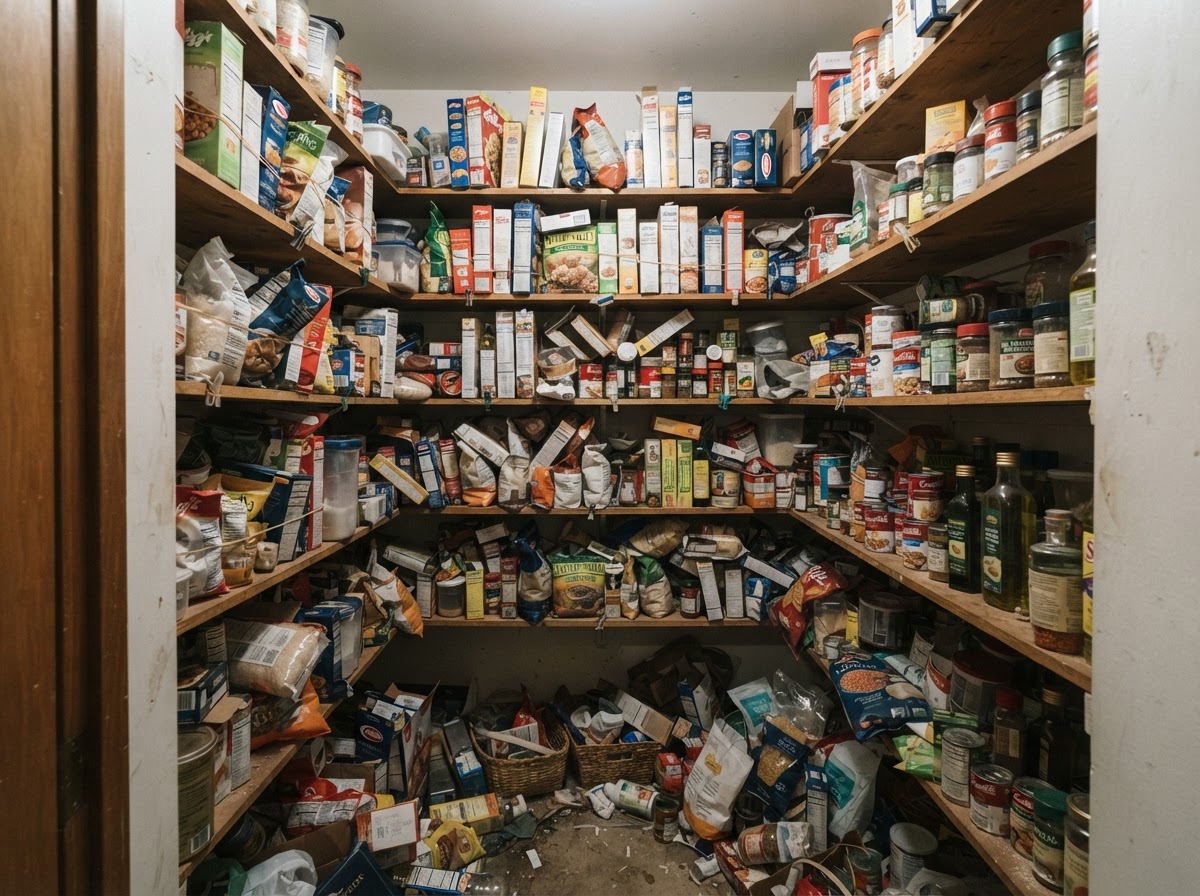 Before: Pantry transformation: cluttered before, serene and labeled after