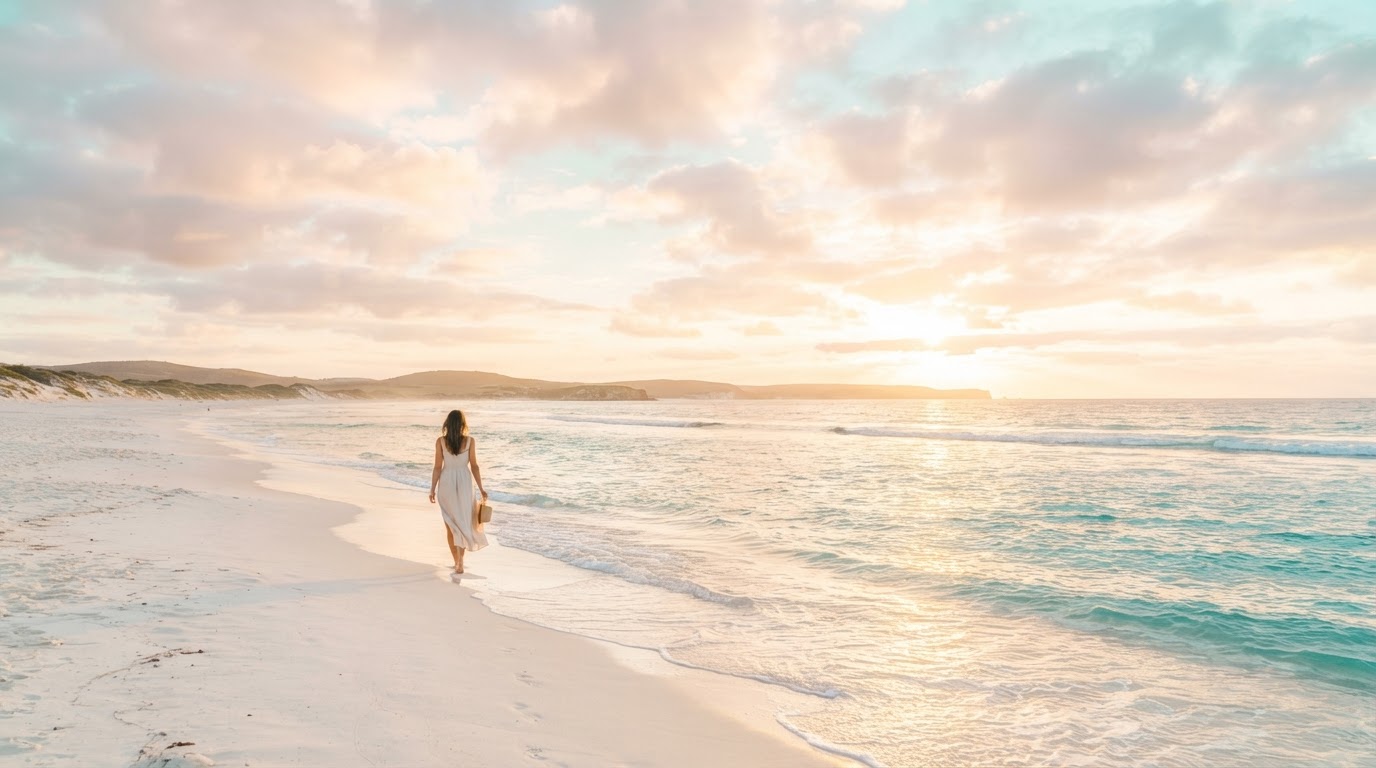 Bright golden coastal beach at sunrise, a sign of hope and new beginnings