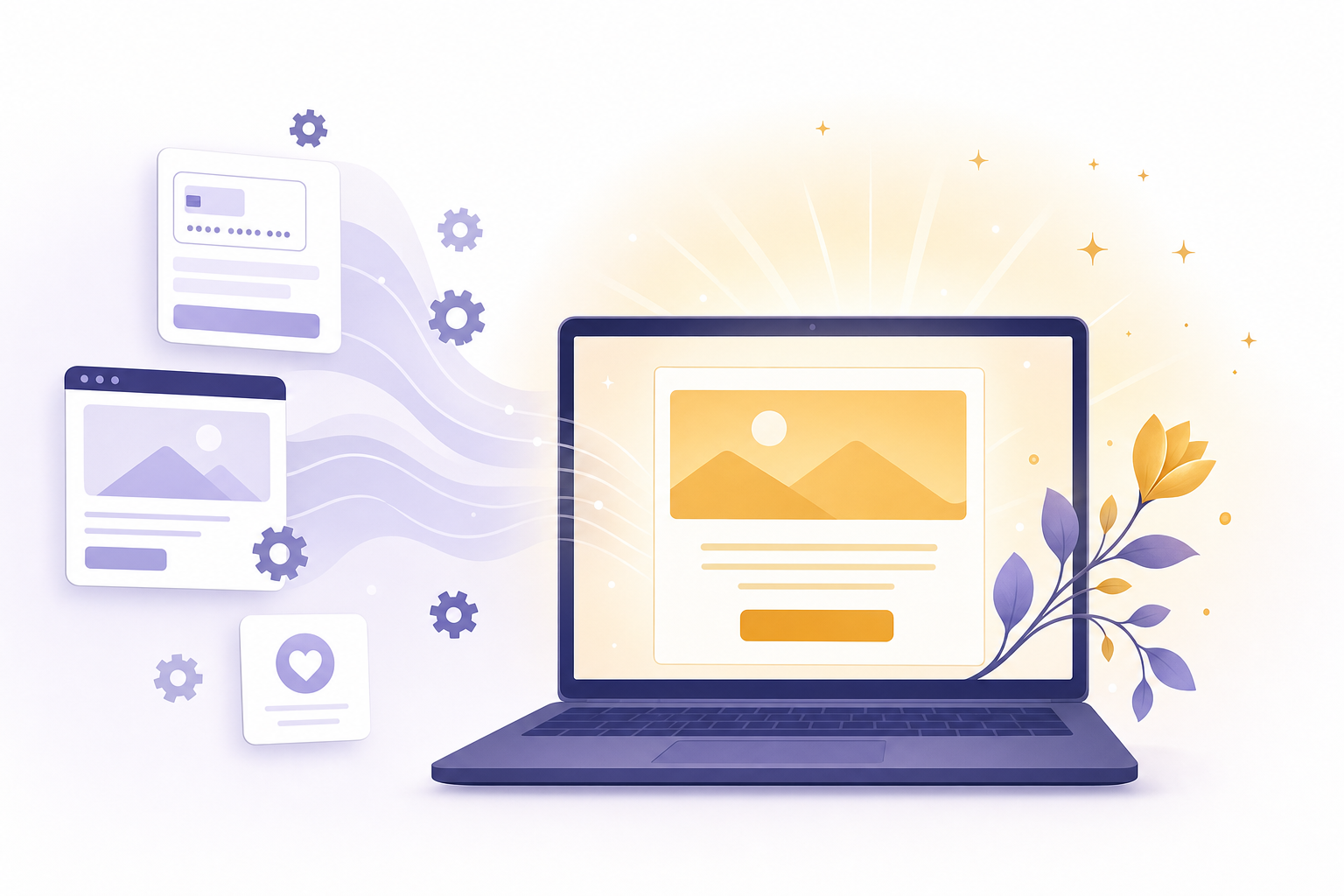 Illustration of offer page, payment form, and thank you automation being built