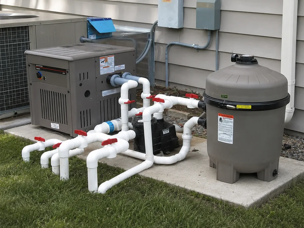 Outdoor pool heater installation with pump, filter, and manifold piping on concrete pad