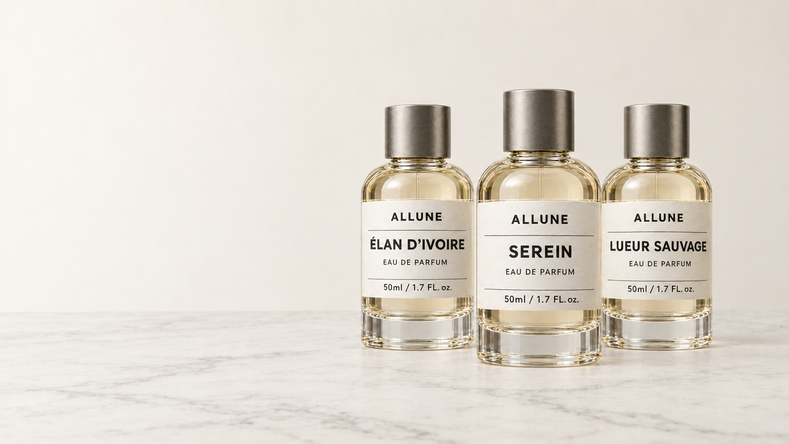 ALLUNE collection trio — Élan d’Ivoire, Serein, and Lueur Sauvage