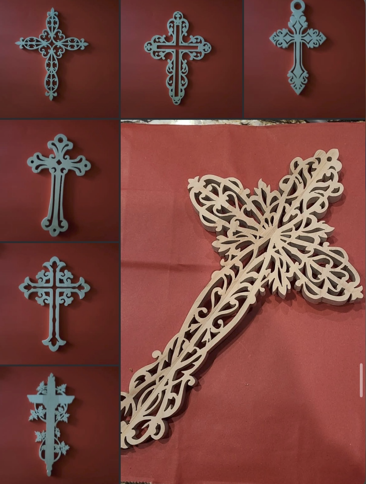 Intricate filigree scroll saw crosses cut in natural birch & finished wood
