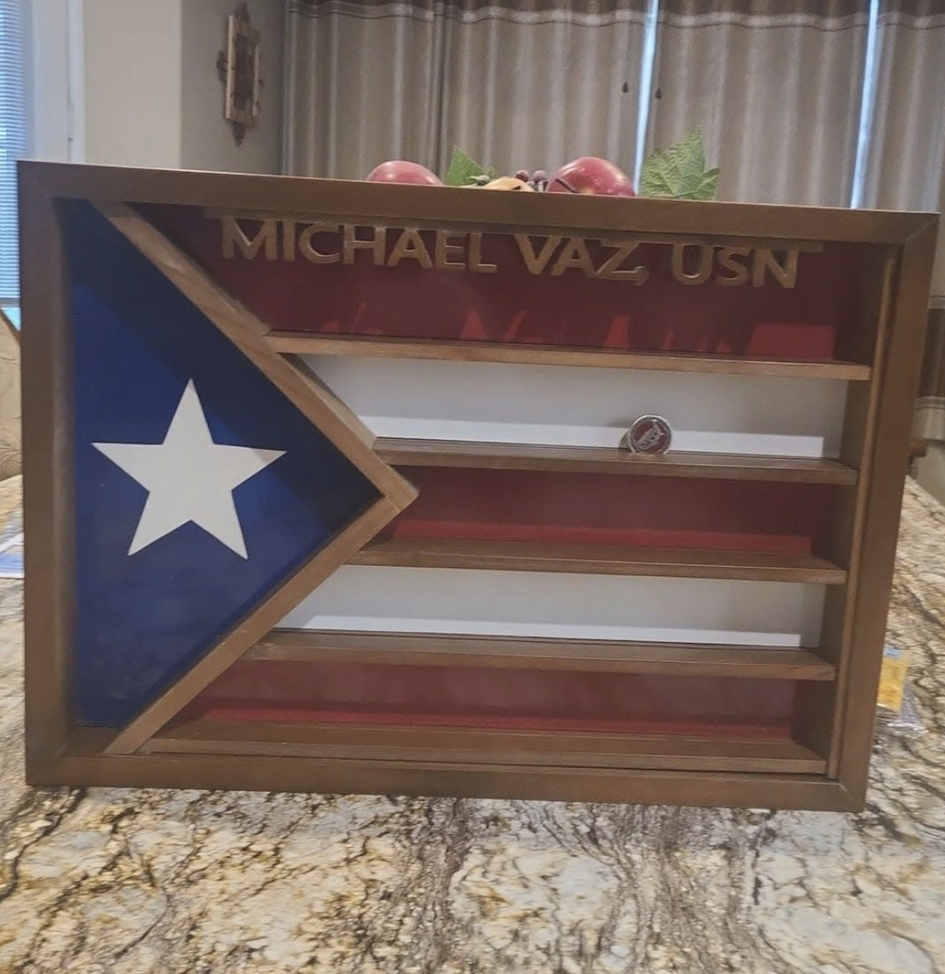 Handcrafted Michael Vaz USN custom flag coin rack & shadowbox display
