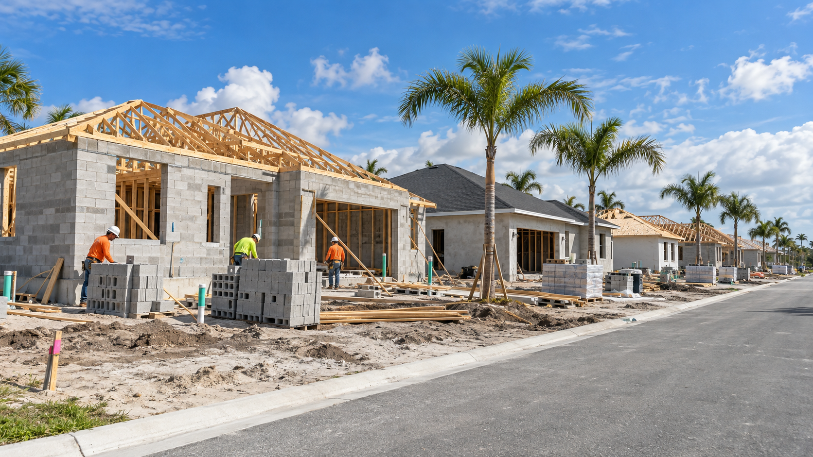 Treasure Coast residential construction jobsite with framing, concrete block walls, and workers