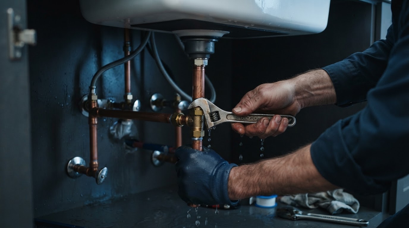 Plumber repairing pipes under a sink