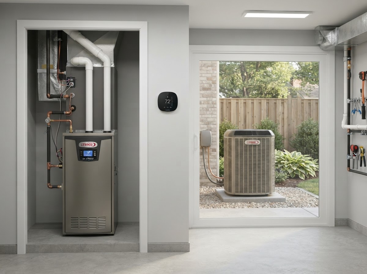 High efficiency furnace and outdoor air conditioning compressor system
