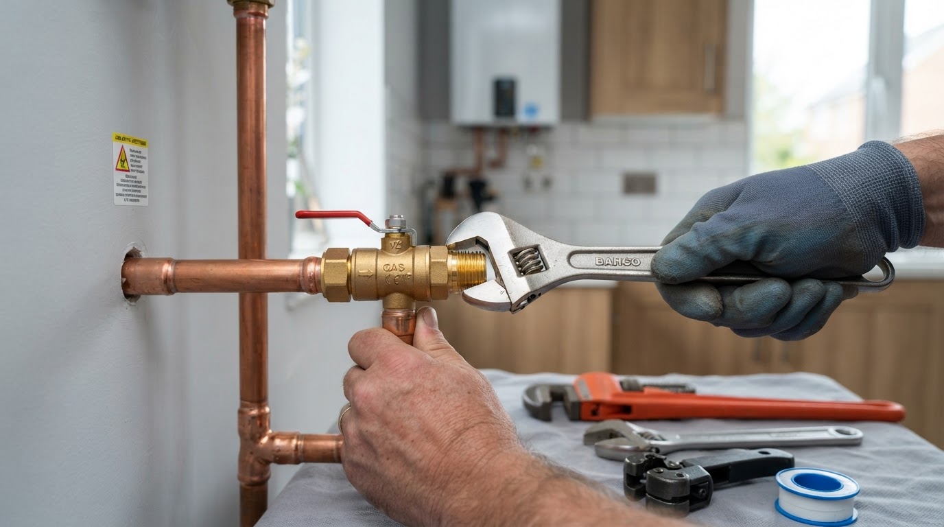 Licensed gas fitter installing a brass gas fitting on copper pipes
