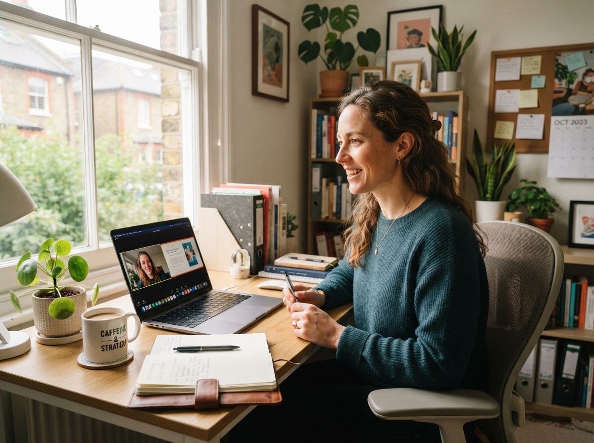 A consultant working confidently from her bright home office