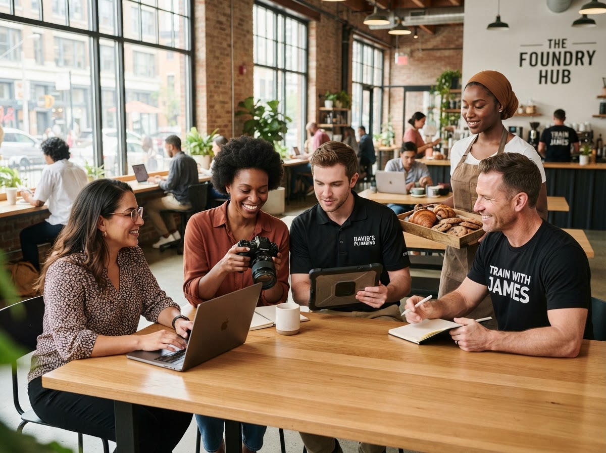 A diverse group of aspiring small business owners working together in a bright, modern space
