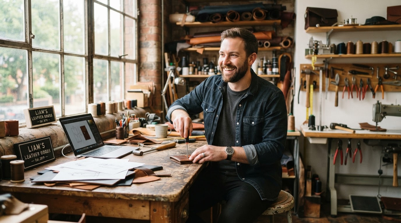 An optimistic small business owner working confidently in his own space