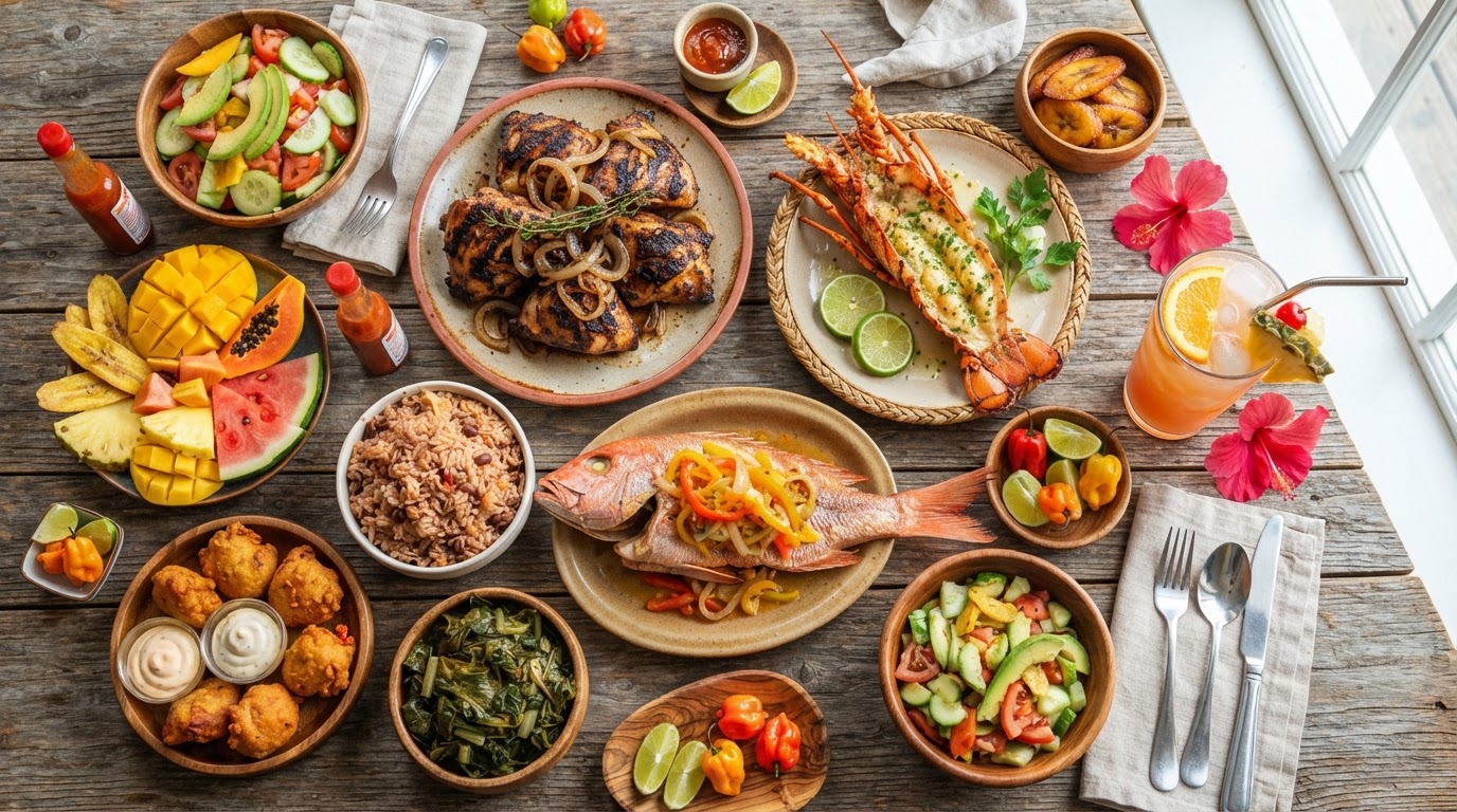 A collage of Caribbean cuisine — jerk chicken, grilled lobster, fresh seafood, tropical fruits, vegetables, and a rum cocktail