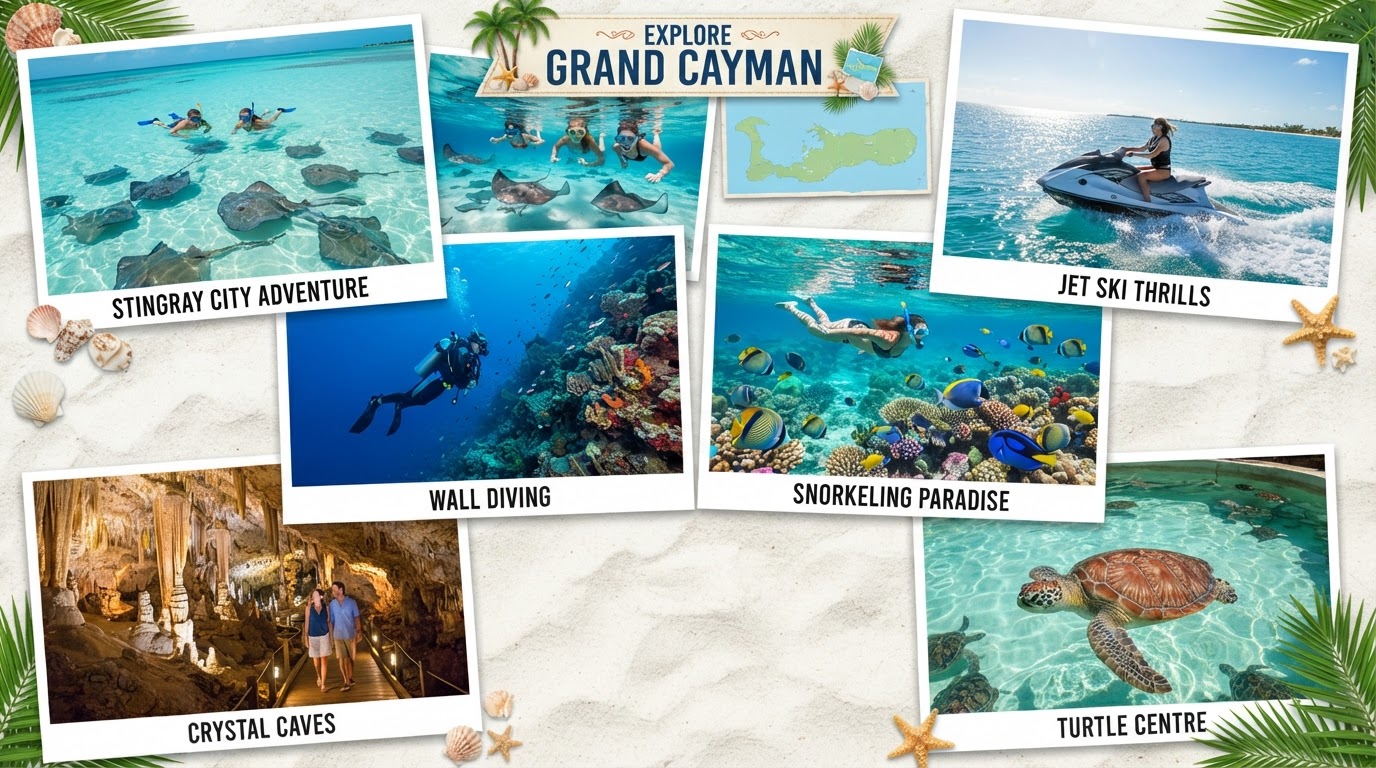 A collage of Grand Cayman activities — Stingray City, snorkeling, jet skiing, Crystal Caves, sea turtles, and diving