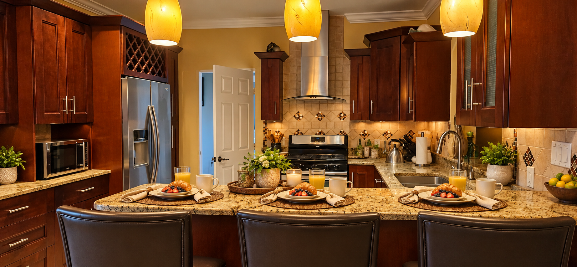 Gourmet chef's kitchen and breakfast bar set with morning refreshments and granite counters
