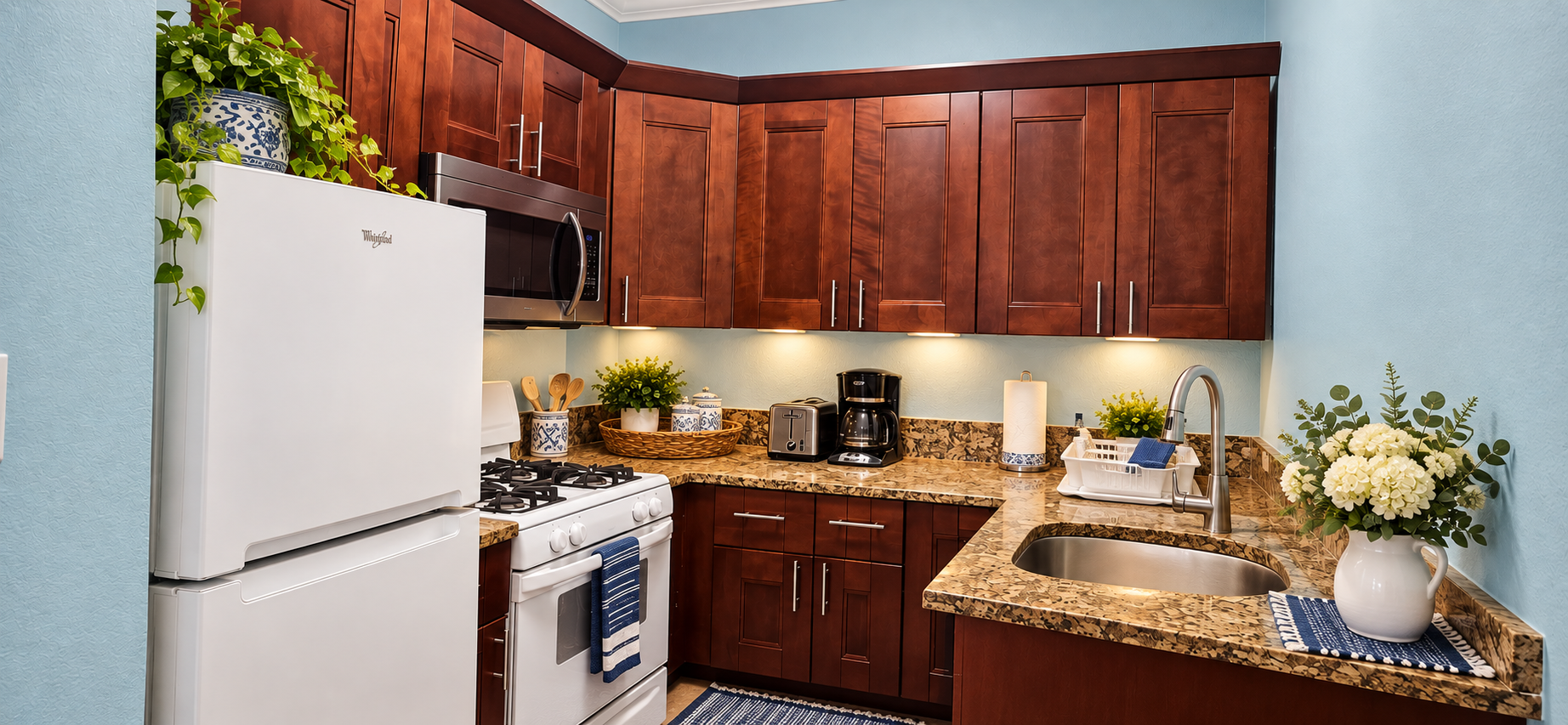Fully equipped kitchen with warm wood cabinetry and granite countertops