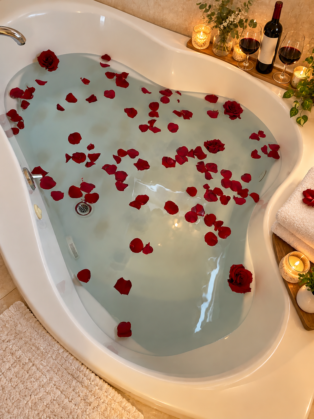 Master bathroom: romantic soaking tub with rose petals, candles, and wine