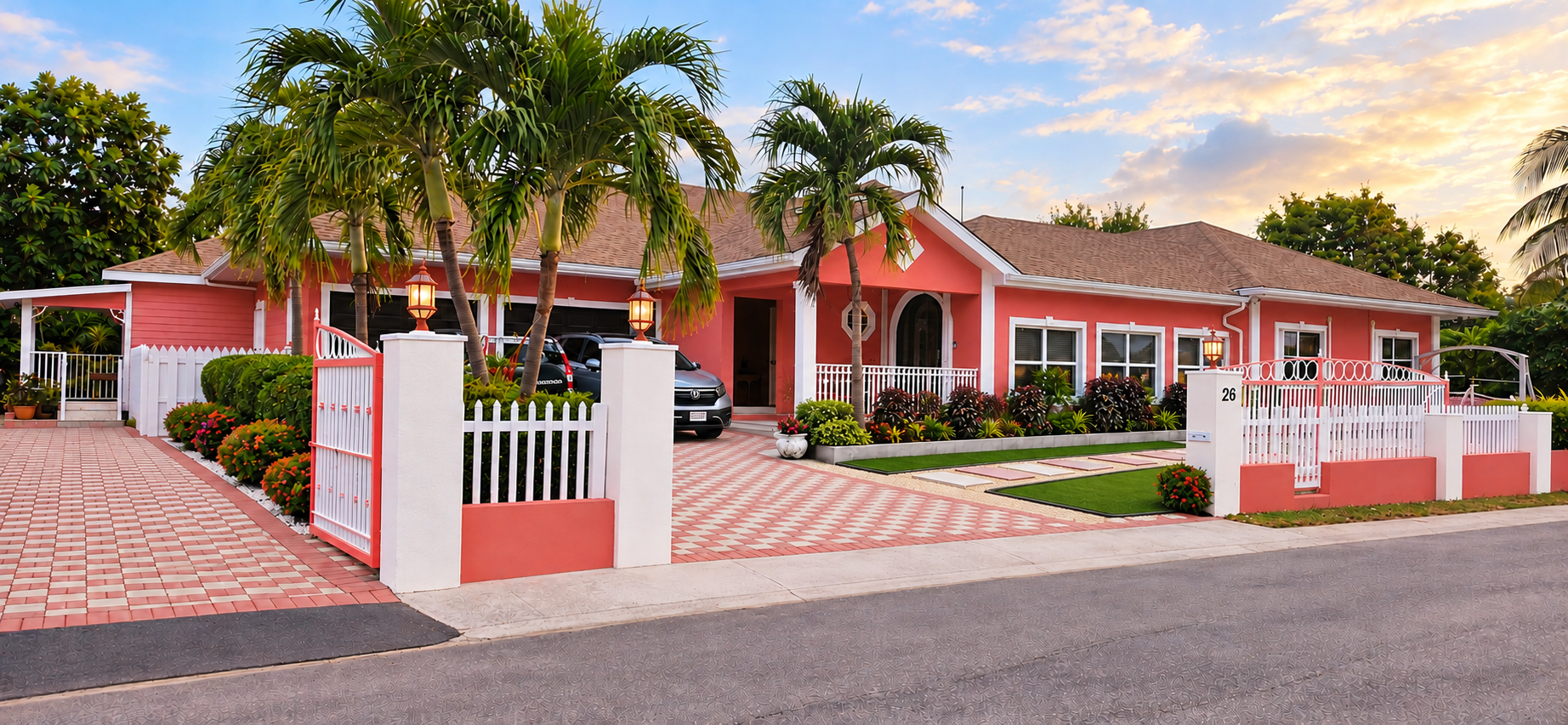 Coral-pink villa exterior with paved driveway, palm trees, and landscaped gardens