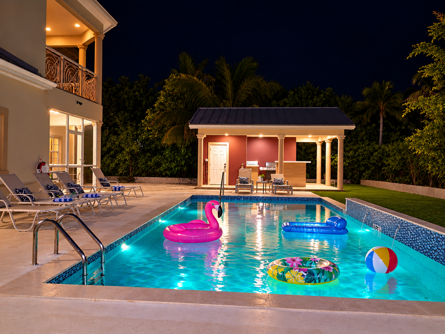 Resort-style 30ft illuminated pool with floats and poolside gazebo bar at night
