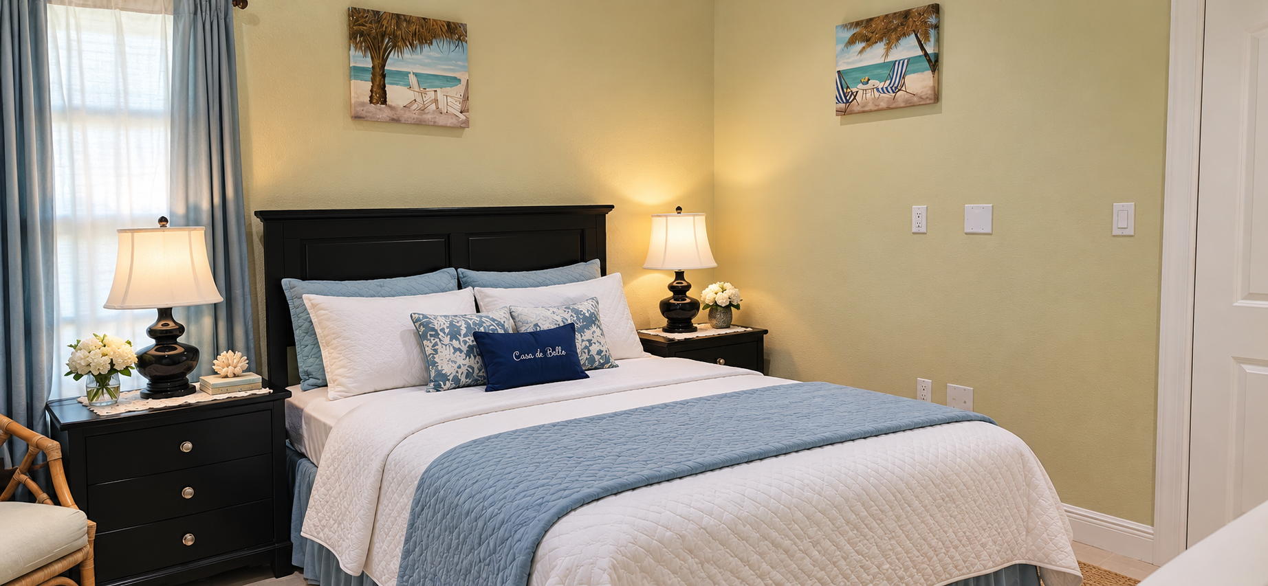 Bedroom 2 — coastal guest bedroom with queen bed and beachside decor