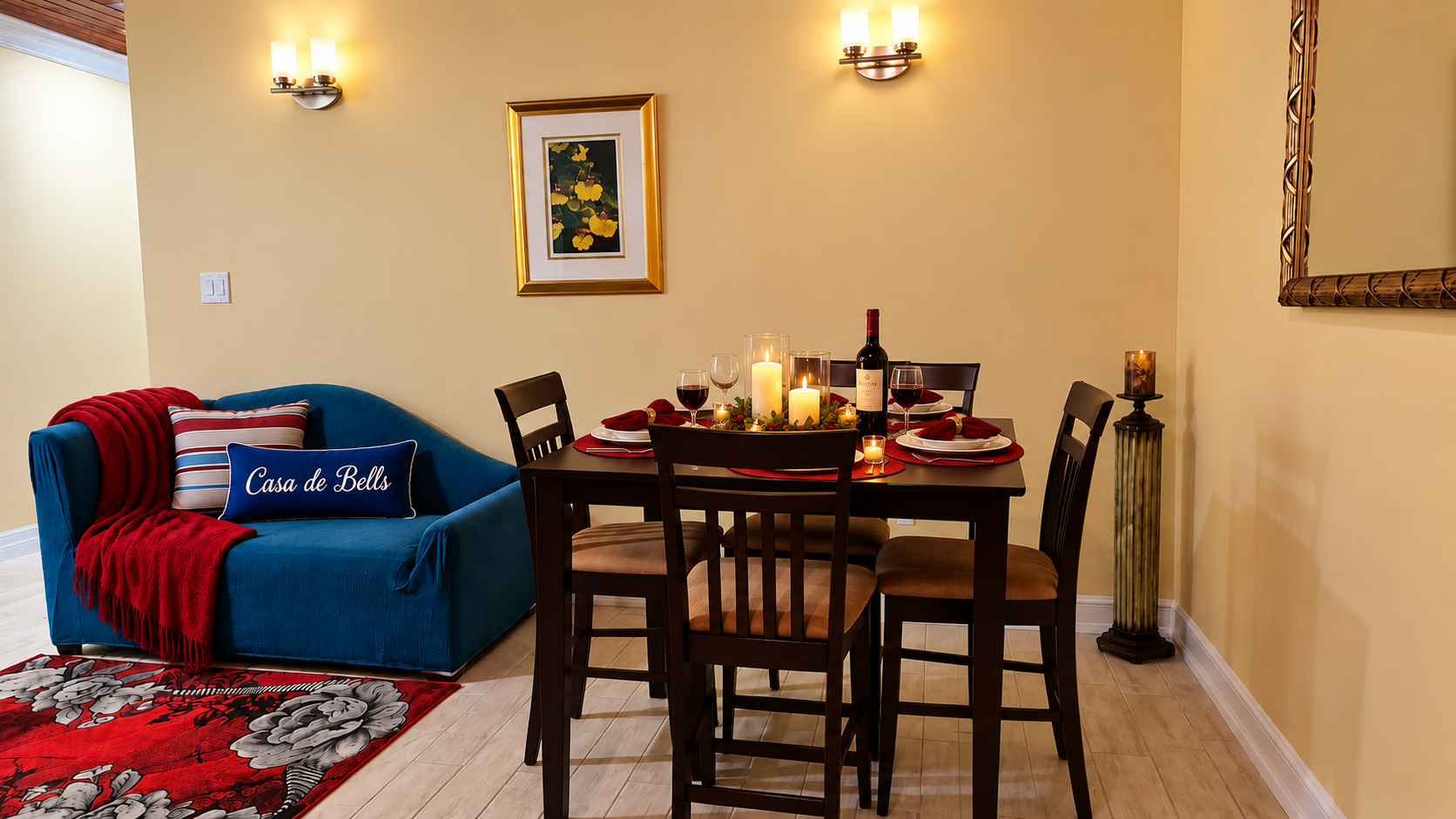 Candlelit dining table set for an evening meal with wine and ambient lighting